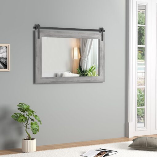 COGOOD Farmhouse Barn Door Mirror - 41" x 26" Rustic Wood Framed Wall Mirror for Bathroom, Living Room, Entryway Wall Decor (Grey) - Image 8