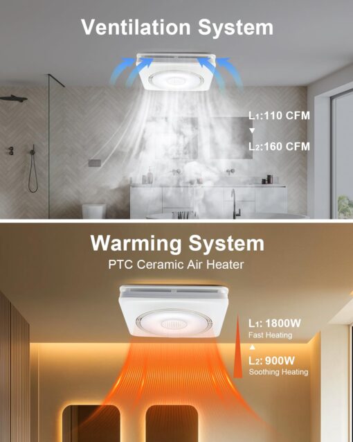GROWNEER Bathroom Fan with Bluetooth Speaker, 110/160 CFM 1.0 Sone Bathroom Exhaust Fan with Heater, Exhaust Fan with Light & Remote, 9 RGB Modes, 1500lm 3 Color Temperature & Nightlight, EZ Install - Image 9
