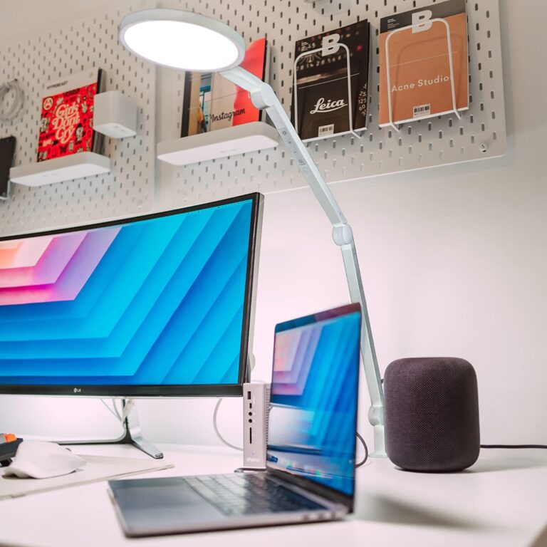 LUME CUBE Edge 2.0 LED Desk Lamp | Dimmable Home Office Desk Light with USB Charging Port & Strong Swing Arm | Adjustable Color Temperature and Brightness | Circle Webcam Light - White - Image 2