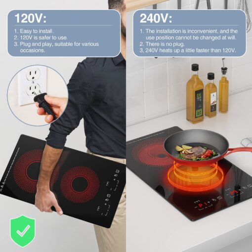 Electric Cooktop 2 Burners 2100W, 110v Electric Stove Top 12 inch, Independent Control 20 Temperature Ranges 9 Power Levels Induction Cooktop, All Kinds of Cookwares - Image 5