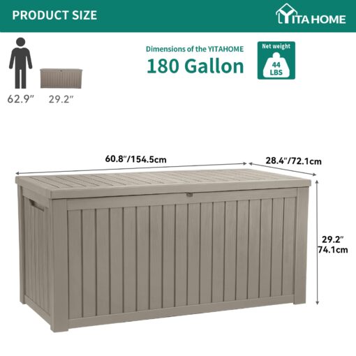 YITAHOME 180 Gallon XL Outdoor Storage Deck Box with Divider, Waterproof & Lockable, Ideal for Patio Furniture and Garden Tools, Resin-Built, Wood-Like Texture, Brown - Image 3