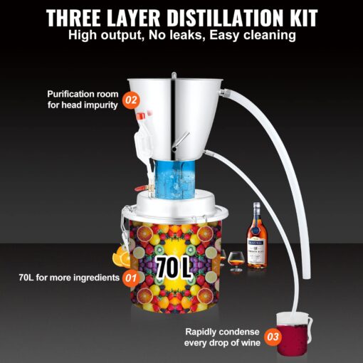 VEVOR Alcohol Still, 18 Gal/70L Alcohol Distiller, Distillery Kit for Alcohol with 304 Stainless Steel Tube & Circulating Pump & Build-in Thermometer & Exhaust Port for DIY Whisky Wine Brandy - Image 8