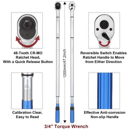 BULLTOOLS 3/4-Inch Drive Click Torque Wrench, 48-tooth High Accuracy Torque Wrench Set with a Hex Key 100-600ft.lb / 135-815Nm - Image 7