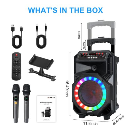 Karaoke Machine with 2 Wireless Microphones, Rolling Wheels, and Trolley – 8800mAh Portable Bluetooth Speaker, PA System with Lights, Adjustable Bass/Treble/Echo for Parties, Indoor and Outdoor Use - Image 2