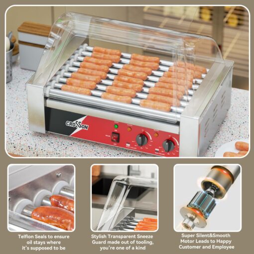 CROSSON Hot Dog 9 Roller Grill Cooker Machine with Transparent Sneeze Guard,9 Nonstick 304SS Rollers and Dual Temp Control,Commercial Hot Dog Cooker Machine-120V, 1350W - Image 4