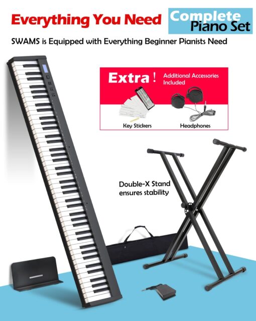 NikoMaku Piano Keyboard 88 Keys Semi-weighted Compact Portable Digital Piano Set for Beginners with Stand, Carrying Case, Sustain Pedal, Headphones, SWAN-S Black - Image 8