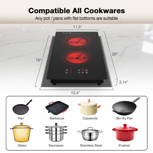 VBGK Electric Cooktop,3000W 12 inch Electric Stove Top,Built-in and Countertop 2 Burner Electric Cooktop 220V with Plug,9 Power Levels, Kids Lock & Timer,LED Touch Control,Overheat Protection Stovetop - Image 6