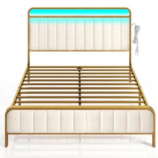 Rolanstar Full Size Bed Frame with LED Light and Charging Station, Upholstered Headboard and Footboard, Metal Slat, Noise Free, Easy Assembly, Golden - Image 2