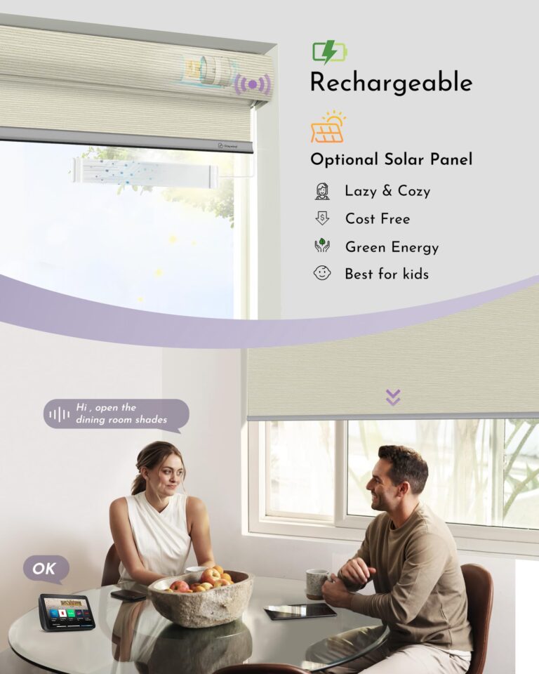 Graywind Smart Blackout Roller Shades Compatible with Alexa Google Textured Gleaming Fabric Rechargeable Motorized Blinds Cordless Remote Control Window Shades, Custom Size (Striped Beige) - Image 6
