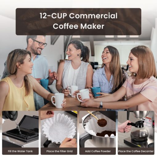 SYBO 12-Cup Commercial Coffee Maker, Pour Over Drip Coffee Maker Brewer with 3 Lower Warmers and 3 Glass Decanters, Stainless Steel Cafetera - Image 3