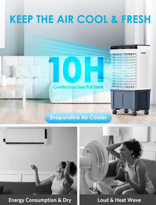 Air Choice Swamp Cooler, 1800 CFM Evaporative Air Cooler with 5.3 Gal Water Tank, 110° Swing, 3 Speeds, 4 Ice Box, Remote, 12H Timer, Portable Air Cooling Fan for Outdoor & Indoor, Gray - Image 3
