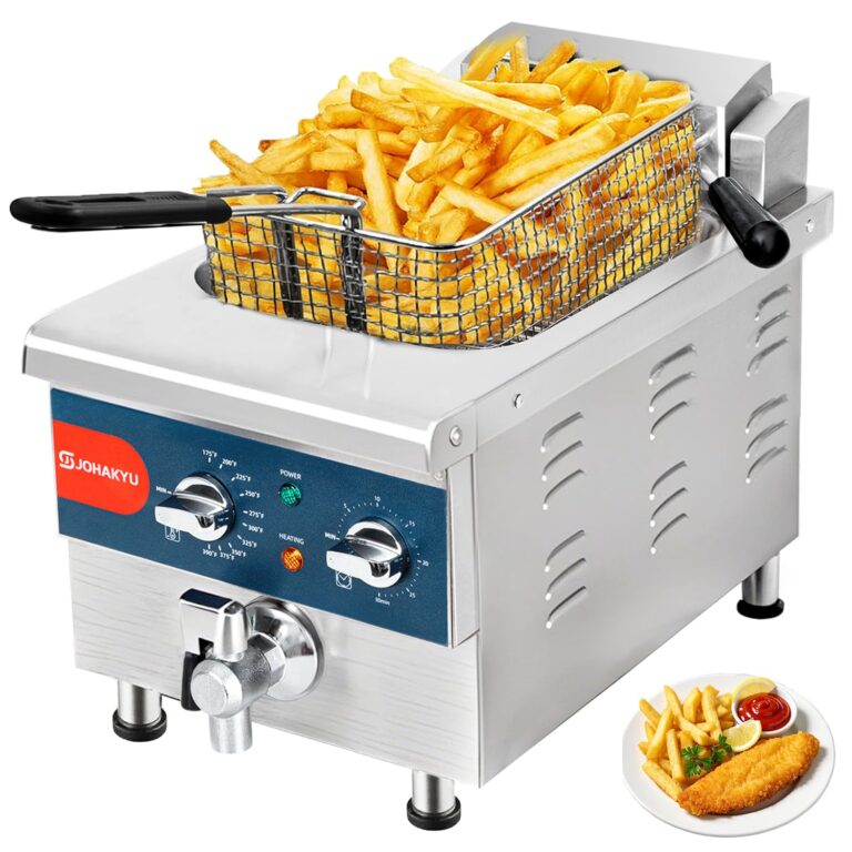 JOHAKYU 13Lbs/6L Electric Commercial Deep Fryer with Basket, Timer & Drain - Swung Up Fryer Head, 120V 1800W Stainless Steel Countertop Deep Fryer for Home & Restaurant Use