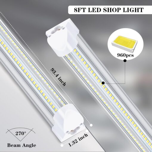 Gugsey 8Ft LED Shop Light Fixture - 100W 15500LM T8 Shop Lights for Garage, 6000K 8 Foot Daylight V Shape Linkable Garage Lights, High Output Clear Cover Plug and Play (10 Pack) - Image 6