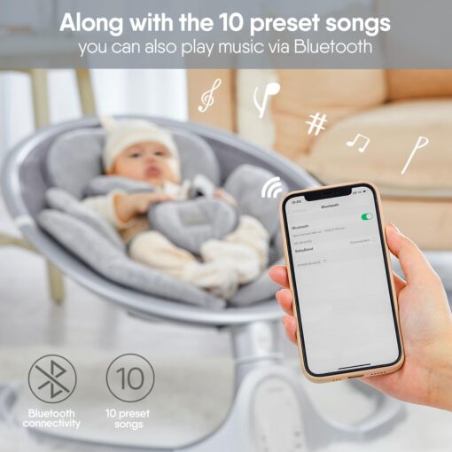 BabyBond Baby Swings for Infants, Bluetooth Infant Swing with 10 Preset Songs, 5 Point Harness Belt, 5 Speeds and Remote Control - Portable Baby Swing for Indoor and Outdoor, Aluminum - Image 6