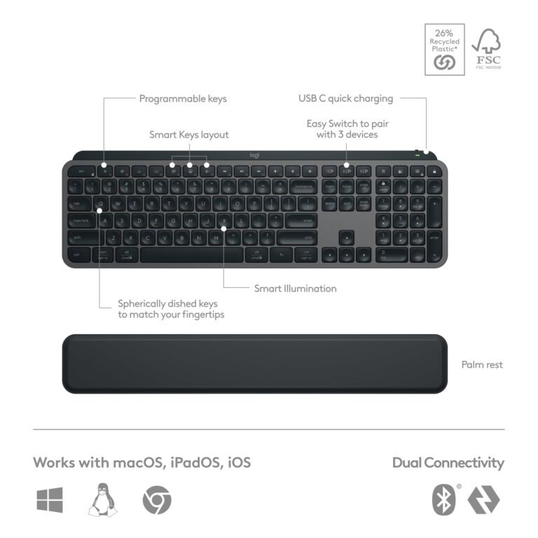 Logitech MX Keys S Combo - Performance Wireless Keyboard and Mouse with Palm Rest, Customizable Illumination, Fast Scrolling, Bluetooth, USB C, for Windows, Linux, Chrome, Mac - Image 7