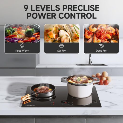 AMZCHEF Induction Cooktop 2 Burners, Bulit-in & Countertop 9 Power Levels Electric Cooktop with Plug, 110V-120V Double Induction Stove Sensor Touch, 99-min Timer, Safety Lock, Ceramic Glass - Image 9