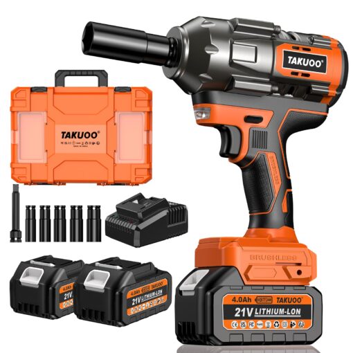 Takuoo 1300N.m(960Ft-lbs) Cordless Impact Wrench High Torque, 1/2" 21V Brushless Impact Gun w/2x 4.0AH Battery Fast Charger, Electric Power Impact Wrench for Truck RV Heavy-duty, 5 Sockets, Tool Box