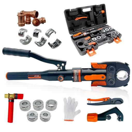 iGeelee Hydraulic Copper Press Tool, Pex Crimping Tool with 1/2", 3/4", 1" Dies for Copper Pipe Fitting & 3/8"-1" Dies for ASTM F1807 Pex Copper Rings, Heavy Duty HT-1950E