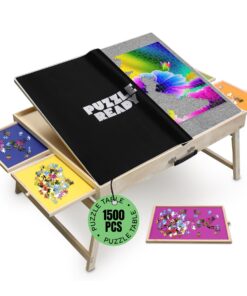 Puzzle Ready 1500-Piece Wooden Jigsaw Puzzle Table - 27" x 36" Foldable Portable Puzzle Board Design with Short Legs, 4 Colorful Drawers, 3 Adjustable Angles & Cover Mat