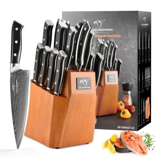 Kitchen Knife Set, 18-Piece Damascus Kitchen Knife Set with Block, ABS Ergonomic Handle for Chef Knife Set, Knife Sharpener and Kitchen Shears, Knife Block Set - Image 3