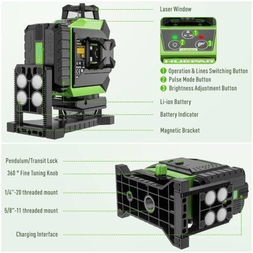 Huepar 4x360 Laser Level Self-leveling 4D Green Beam Cross Line 16 Lines Tiling Floor Laser Tool -2x360 Horizontal/Vertical Laser Lines -rechargeable Li-ion Battery & Integrated Magnetic Bracket 704CG - Image 3