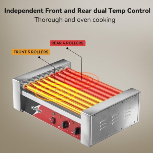 CROSSON Hot Dog 9 Roller Grill Cooker Machine with Transparent Sneeze Guard,9 Nonstick 304SS Rollers and Dual Temp Control,Commercial Hot Dog Cooker Machine-120V, 1350W - Image 3