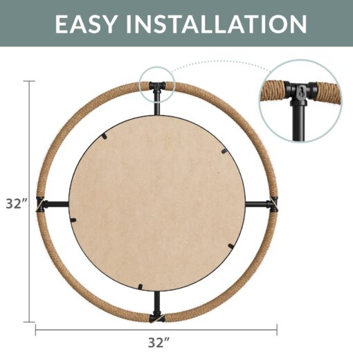 Barnyard Designs 32 Inch Round Nautical Coastal Wall Mirror, Metal/Rope Framed Rustic Farmhouse Bathroom Beach Decor, Black/Natural - Image 3
