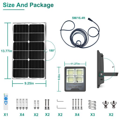Gebosun Black 2-Pack 300W LED Solar Flood Light, Remote Controlled, Dusk to Dawn, 30,000Lumen, 6000K, IP65 Waterproof for Shed Backyard Garden - Image 3