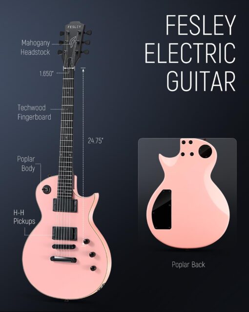 Fesley 39" LP Electric Guitar Kit: Full Size Solid Body Electric Guitars for Beginners with Humbucker Pickups, Poplar Body, Mahogany Neck,22 Frets,6 String Guitar with Gig Bag,Cable,FLP350,Matte,Pink - Image 8