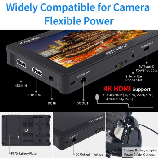 FEELWORLD F5 Pro X 5.5 Inch 1600nits Daylight Visible DSLR Camera Field 4K Monitor with 3D LUT HDMI Touchscreen Monitor Video Monitor 4K-HDMI DC Input Output Include Battery+Carry Case Bundle - Image 2