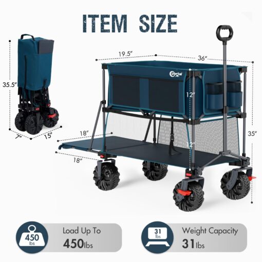 PORTAL 400L Large Capacity Collapsible Double Decker Wagon with Brakes, 450LB Heavy Duty Folding Cart with Tailgate, Foldable Utility Wagons for Camping, Beach, Garden, Sports, Shopping - Image 3