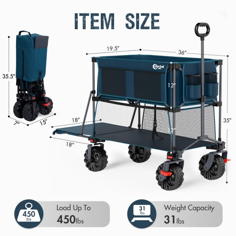 PORTAL 400L Large Capacity Collapsible Double Decker Wagon with Brakes, 450LB Heavy Duty Folding Cart with Tailgate, Foldable Utility Wagons for Camping, Beach, Garden, Sports, Shopping - Image 3