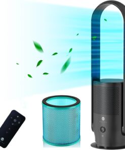 ULTTY Bladeless Tower Fan with HEPA Filter, 90° Oscillating Tower Fan, Remote Control, Touch, 8H Timer, 9 Speeds, Powerful Floor Fan for Bedroom Room Home Office, CR022, Black
