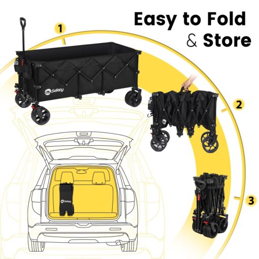 Sekey 48''L Collapsible Foldable Extended Wagon with 440lbs Weight Capacity, Heavy Duty 300L Folding Utility Garden Cart with Big All-Terrain Beach Wheels & Drink Holders. Black - Image 4