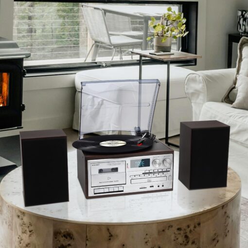 3-Speed Turntable 10 in 1Record Player with Bluetooth, AM/FM Radio, USB/SD/MMC, CD/Cassette Playback, Remote Control, and 2 External Speakers – Great for Gifting - Image 2