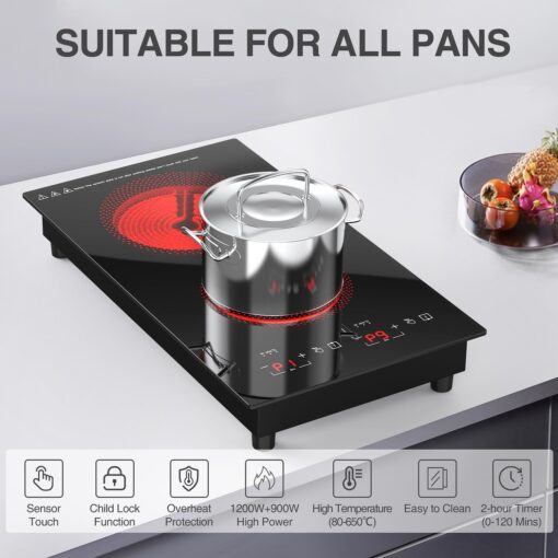 Electric Cooktop 2 Burners,110v Electric Stove Top,ANHANE Infrared Burner 12 Inch Built-in Double Induction Cooktop,20 Temperature,Compatible for All Cookware with Plug - Image 2