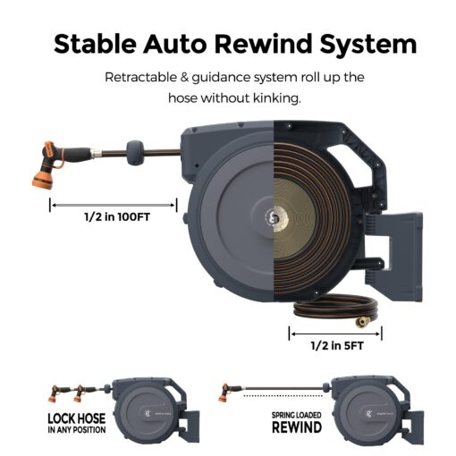 Giraffe Tools AW30 1/2MB Retractable Garden Hose Reel 1/2" x 100 ft PRO Metal Bracket, Heavy Duty, Any Length Lock Hose Reel, 100 ft, Dark Grey - Image 2