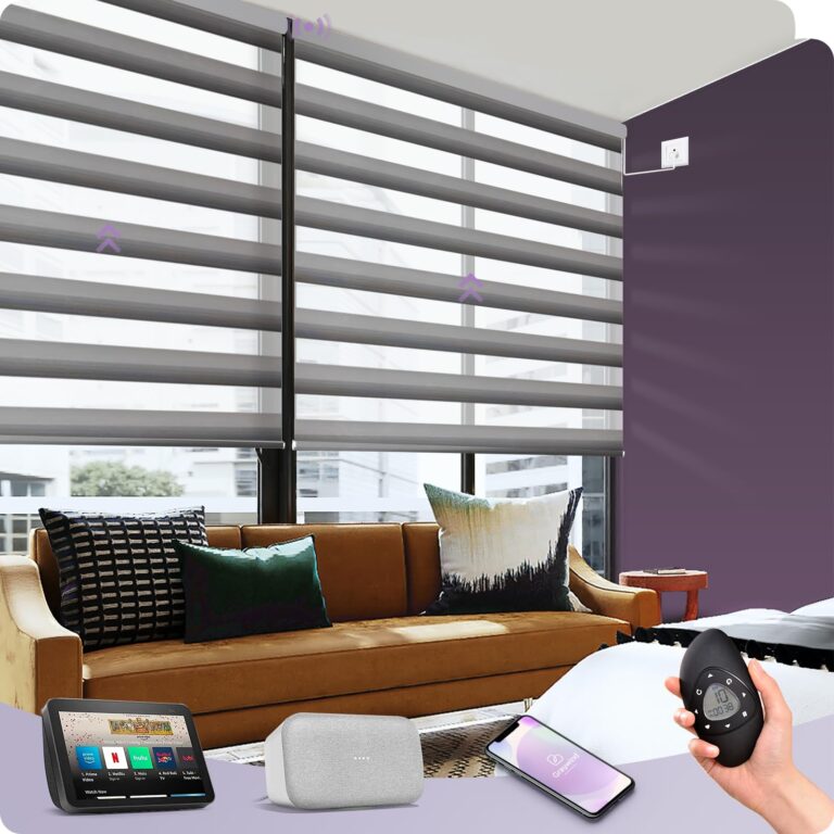 Graywind Motorized Zebra Blinds Compatible with Alexa Google WiFi Hardwired Smart Horizontal Blind Remote Light Filtering Electric Window Shades with Valance, Customized Size (Gradient Grey Silver)