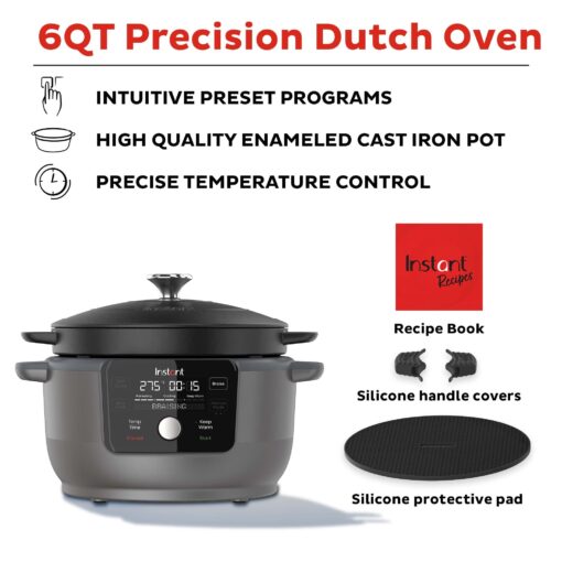 Instant Electric Round Dutch Oven, 6-Quart 1500W, From the Makers of Instant Pot, 5-in-1: Braise, Slow Cook, Sear/Sauté, Cooking Pan, Food Warmer, Enameled Cast Iron, Included Recipe Book, Black - Image 10