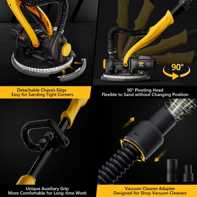 Drywall Sander, 1050W Electric Drywall Sander with Vacuum Dust Collection, 2100RPM Wall Sander with 7 Variable Speed, Foldable & Extendable Handle, Double-Deck LED Light, Dust Bag and Hose - Image 5