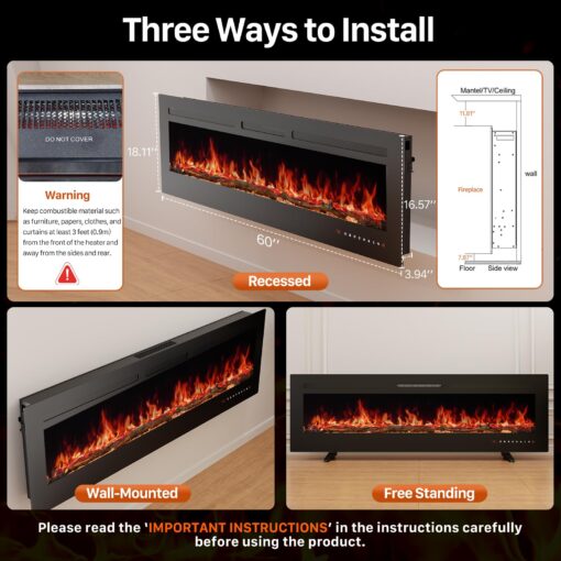 Sweetcrispy 60" Electric Fireplace Wall Mounted or Recessed Insert, 1500W/750W Freestanding Fireplaces Heater with Remote Control,13 Adjustable Flame Color, 12H Timer, Touch Screen - Image 8