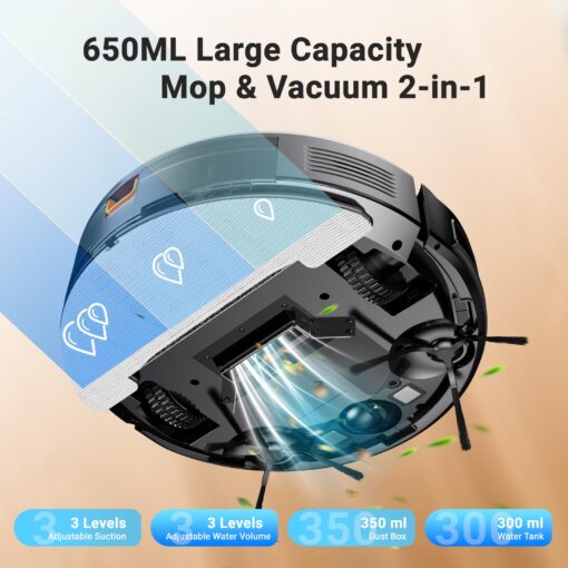 Robot Vacuum and Mop Combo 2 in 1 Mopping Robot Vacuum Cleaner with Schedule WiFi/Alexa/App Smart Self-Charging Robotic Vacuum Ultra-Slim Quiet Tangle-Free Ideal for Hard Floor Pet Hair Carpet-650mL - Image 7