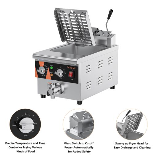 TANGME Commercial Deep Fryer with Drain Valve, 12.7Qt Electric Countertop Fryer 1800W Stainless Steel Oil Fryer with Temp & Time Control for Restaurant, UL Certified - Image 4