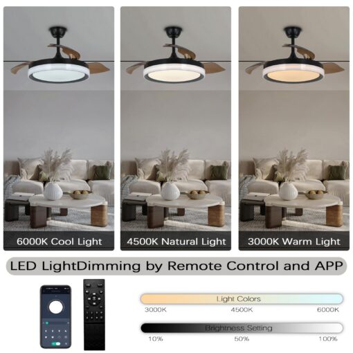 Zenouidle 42" Retractable Ceiling Fan Modern Ceiling Fans with Lights and Remote,3 Color 6 Speed Round Dimmable Fandelier for Bedroom Living Room Dining Room - Image 6