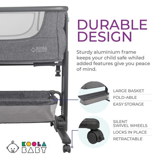 KoolerThings Baby Bassinet, Bedside Sleeper for Baby, Easy Folding Portable Crib with Storage Basket for Newborn, Bedside Bassinet, Comfy Mattress/Travel Bag Included (Bassinet) (Grey) - Image 5
