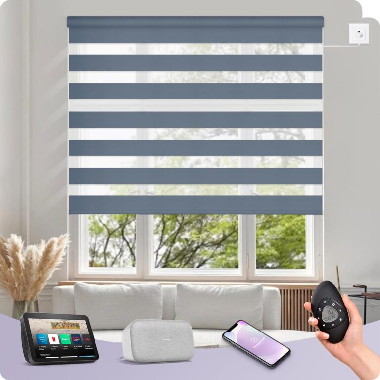 Graywind Motorized Zebra Blinds Compatible with Alexa Google WiFi Hardwired Smart Horizontal Window Blind Remote Control Light Filtering Electric Window Shades, Customized Size (Luxury Blue Grey)