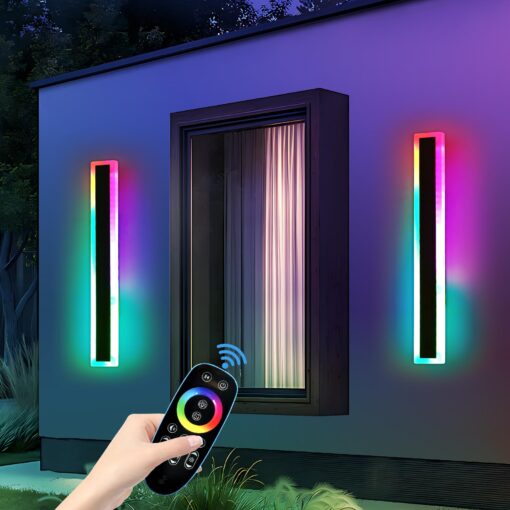Mikeru 2pack 23.6inch Outdoor Wall Light Fixtures, RGB Modern Outdoor Wall Sconce 10%-100% Dimmable Smart Long LED Wall Light Wall Mount Featuring Multiple Modes and 12 Colors for Patio Entryway