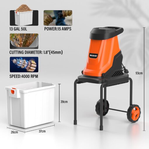 MAXLANDER 15-Amp Electric Wood Chipper, Shredder Mulcher with 50L Collecting Bin, 1.8-Inch Cutting Diameter for Mulching, Composting and Yard Cleanup 15:1 Reduction - Image 4