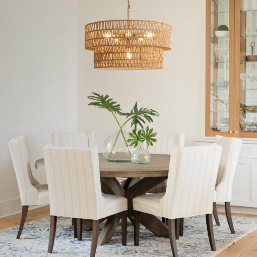 23.6" Boho Rattan Chandelier, 6-Light Large Rattan Pendant Light with 2-Tier Wicker Shade, Bohemian Farmhouse Ceiling Light Fixture Chandelier for Dining Room, Living Room, Bedroom, Kitchen Island - Image 4