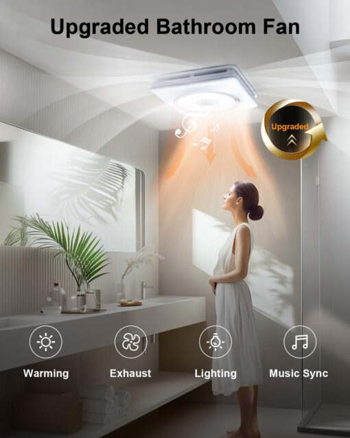 GROWNEER Bathroom Fan with Bluetooth Speaker, 110/160 CFM 1.0 Sone Bathroom Exhaust Fan with Heater, Exhaust Fan with Light & Remote, 9 RGB Modes, 1500lm 3 Color Temperature & Nightlight, EZ Install - Image 7